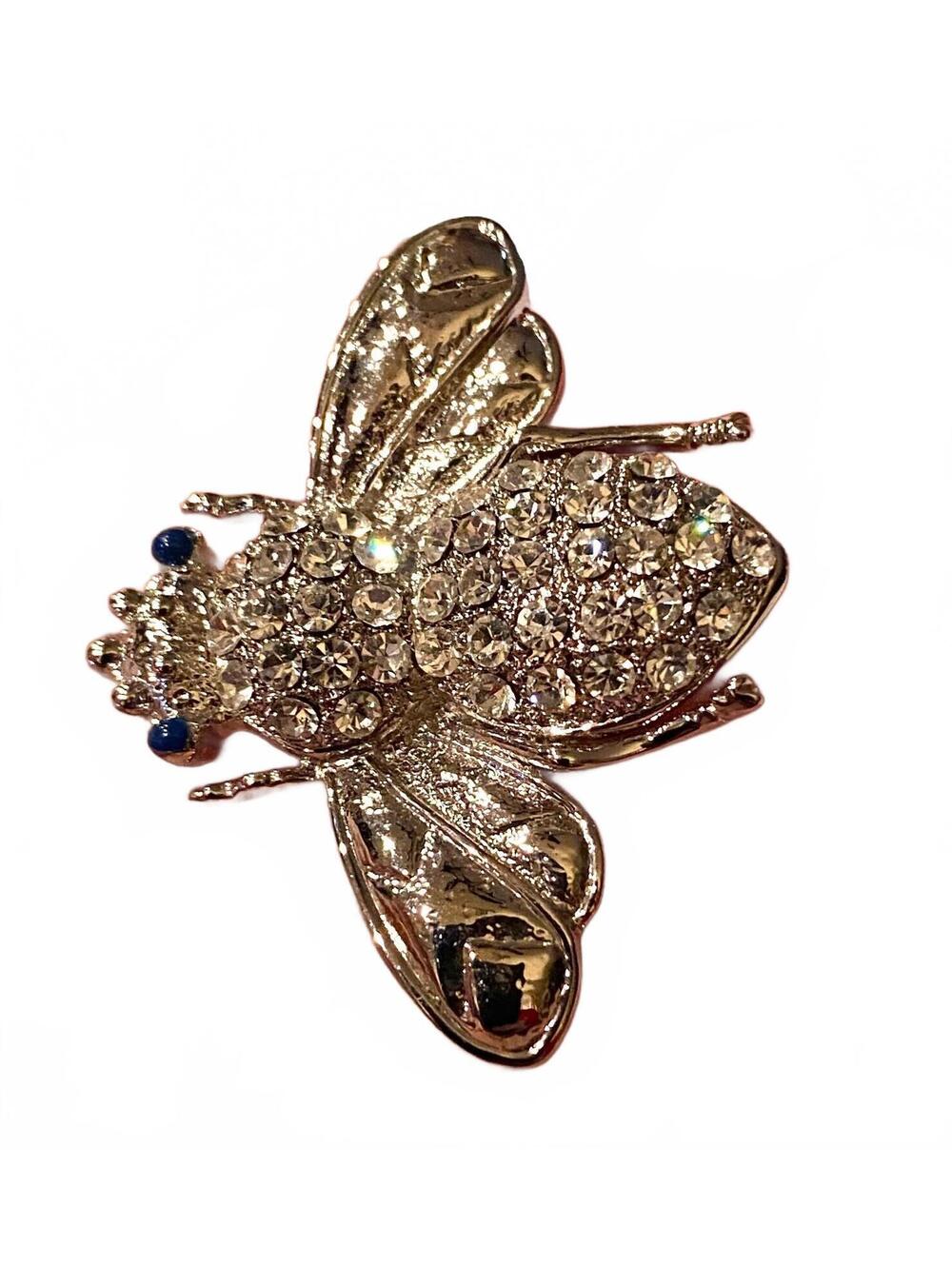 Silver Plate Dark Blue Enamel Eye & Rhinestone Bee Bug Insect Brooch Pin d AAA34